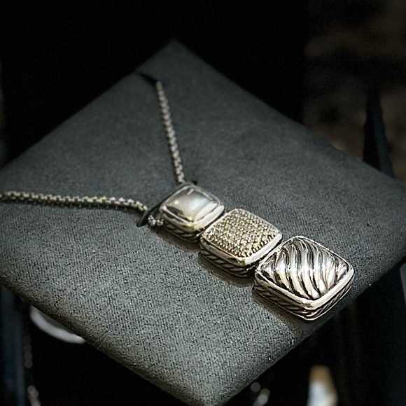 Vintage David Yurman Diamond & Silver Chiclet Triple Drop Pendant - Picture 3 of 11